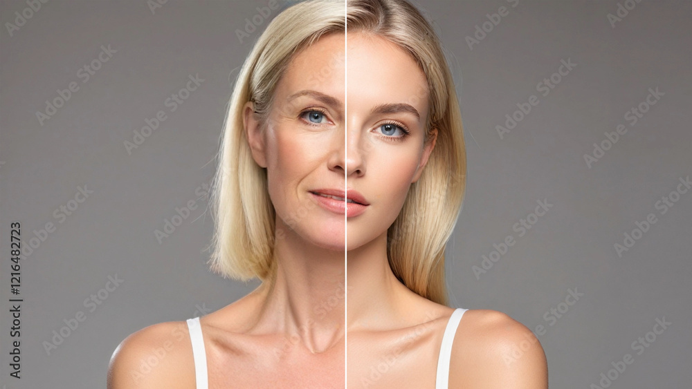 Same face portrait young and aged. Face split of an old and young women for olding revealing. Comparing mother and daughter. Same face portrait young and aged. Face split of an old and young women for olding revealing. Comparing mother and daughter.