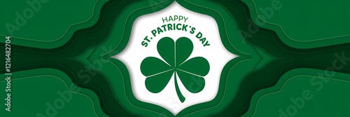 A creative minimalist Saint Patrick's Day poster design with a paper cut-out theme. There is a large shamrock in the center, with the text 