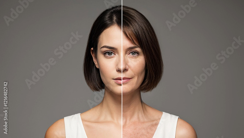 Same face portrait young and aged. Face split of an old and young women for olding revealing. Comparing mother and daughter. 
