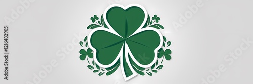 A creative minimalist Saint Patrick's Day poster design with a paper cut-out theme. There is a large shamrock in the center. The shamrock is made up of three smaller shamrocks. The background is white