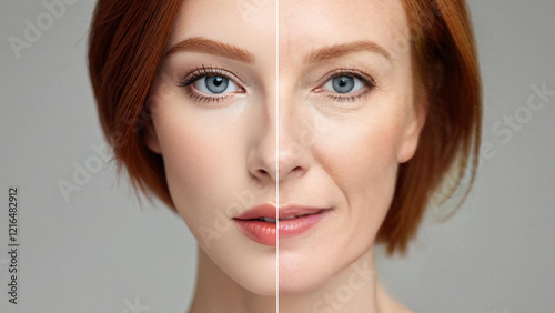 Same face portrait young and aged. Face split of an old and young women for olding revealing. Comparing mother and daughter. 