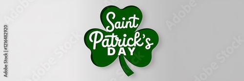 A paper-cutout illustration of a creative minimalist Saint Patrick's Day poster design. There's a large, green shamrock with a white border. The word 