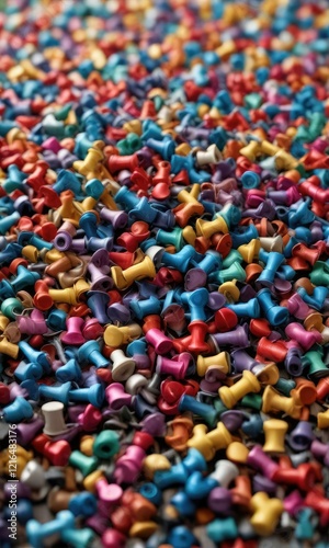 A pile of multicoloured push pins on a plain background , office supplies, colourful organisational items