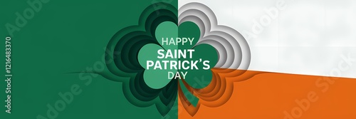 A creative minimalist Saint Patrick's Day poster design with a paper cut-out theme. There is a shamrock made of paper with the words 