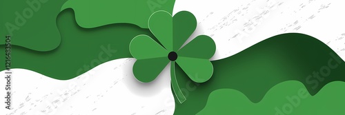 A creative minimalist Saint Patrick's Day poster design with a paper cut-out theme. There's a large green shamrock with three white leaves and a black dot in the center. 