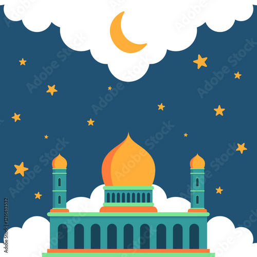 Editable Night Mosque Vector Background with Stars – Islamic Ramadan Theme