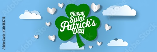 A creative minimalist Saint Patrick's Day poster design with a paper cut-out theme. There is a large green shamrock in the center, with the text 