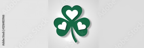 A creative minimalist Saint Patrick's Day poster design with a paper cut-out theme. The design features a green shamrock with three white paper cut-out hearts inside. The background is white. 