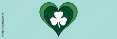 A creative minimalist Saint Patrick's Day poster design with a paper cut-out theme. There is a large green heart with a white shamrock inside. The heart is made of multiple overlapping paper hearts
