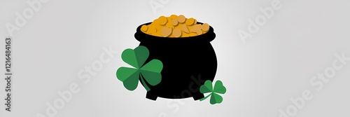 A creative minimalist Saint Patrick's Day poster design with a paper cut-out theme. The design features a large pot of gold and a small, green shamrock. The background is white.