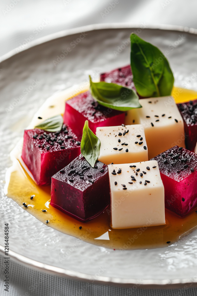 a plated dish of elegant square beetroot and cheese cubes, artfully arranged in alternating layers, garnished with fresh basil leaves and black sesame seeds, set in a shallow pool of olive oil a plated dish of elegant square beetroot and cheese cubes, artfully arranged in alternating layers, garnished with fresh basil leaves and black sesame seeds, set in a shallow pool of olive oil