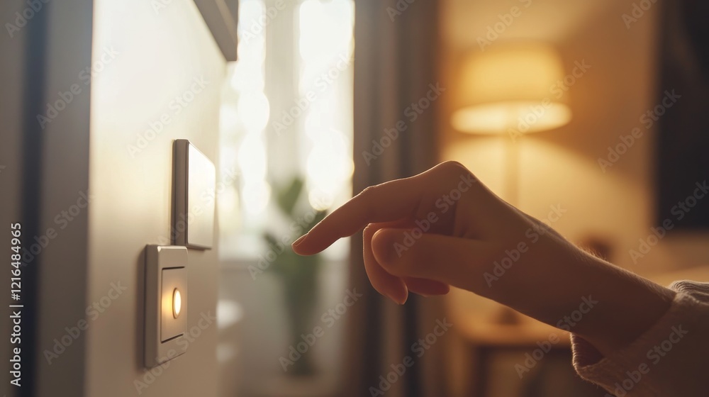 custom made wallpaper toronto digital2.A close-up of a young girl’s delicate finger pressing down on a modern white light switch in a well-lit cozy living room with wooden furniture and soft natural light streaming through the windows.