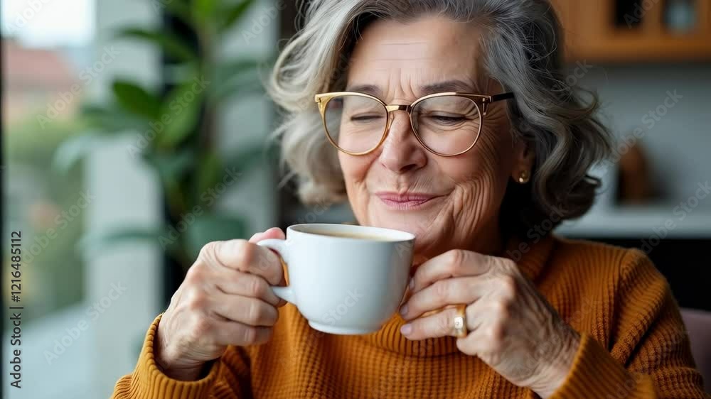 Smiling Senior Woman Enjoying Coffee in Cozy Cafe: A Portrait of Happiness, Relaxation, and Connection with Nature Smiling Senior Woman Enjoying Coffee in Cozy Cafe: A Portrait of Happiness, Relaxation, and Connection with Nature