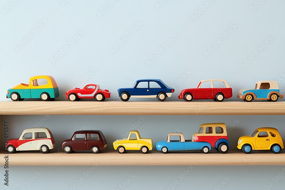 Naklejka premium Wooden Toy Cars Display on Shelves