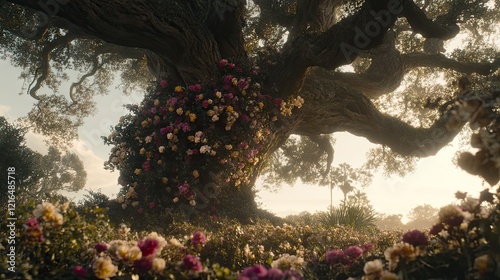 Wallpaper Mural Majestic rose-covered tree at sunrise, garden landscape, fantasy setting, ideal for fairytale imagery Torontodigital.ca