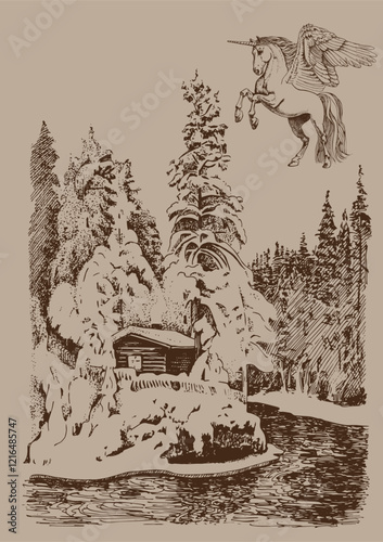 Winter mystical landscape. Panorama of rural landscape with Unicorn. Line sketch converted into vector drawing.