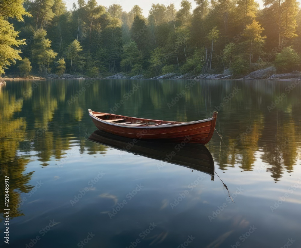 A small wooden boat with a white sail gently swaying on the calm surface of a serene lake, gentle waves, wooden boats, calm water A small wooden boat with a white sail gently swaying on the calm surface of a serene lake, gentle waves, wooden boats, calm water