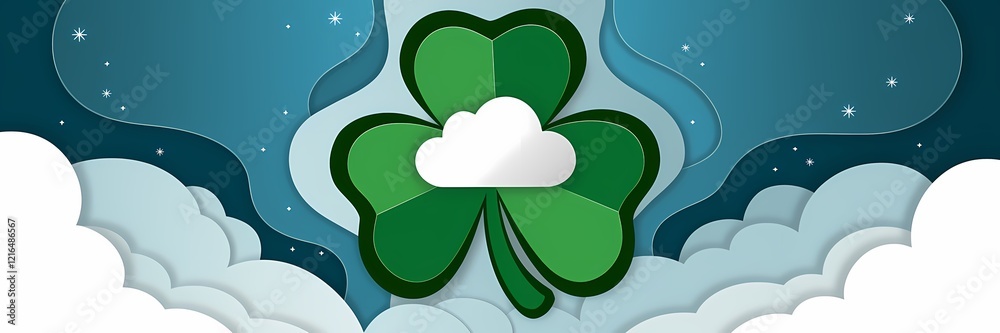 A creative minimalist saint Patrick's day poster design with a paper cut-out theme. There is a large green shamrock with a white cloud inside. The shamrock is made of multiple layers of paper. A creative minimalist saint Patrick's day poster design with a paper cut-out theme. There is a large green shamrock with a white cloud inside. The shamrock is made of multiple layers of paper.