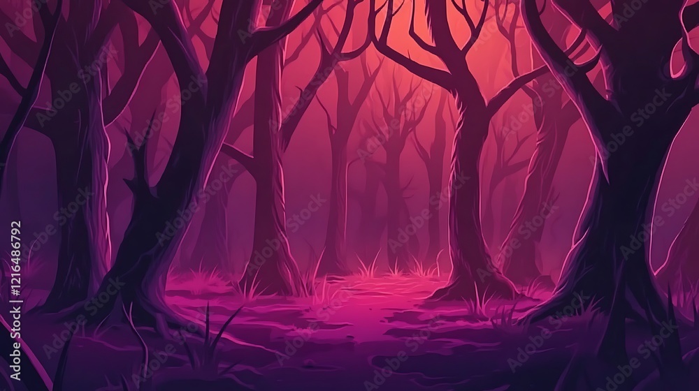 Naklejka premium A digitally painted scene of a dark forest with magenta and purple hues, the sun peeks through the branches.