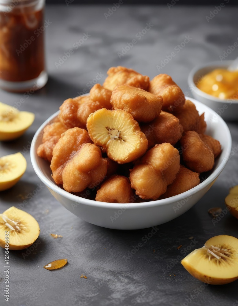 A bowl of crispy fried banana fritters with honey , sweet, fritter A bowl of crispy fried banana fritters with honey , sweet, fritter