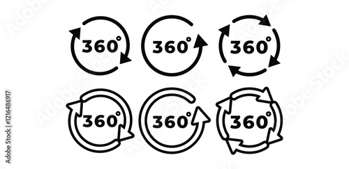 360 degree with arrow round circle shape icon vector design black white color flat illustration collection sets