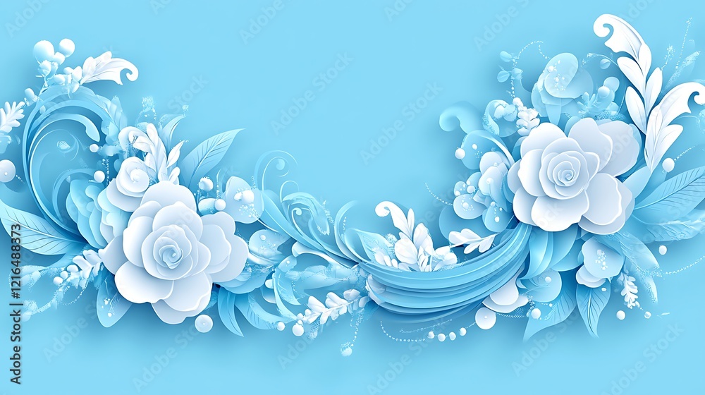 Elegant Blue Floral Design With Paper Flowers and Leaves Elegant Blue Floral Design With Paper Flowers and Leaves
