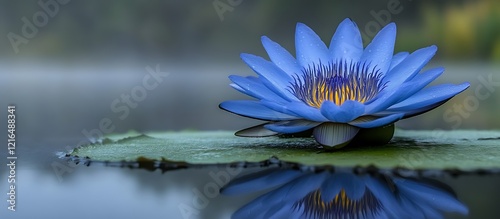 Serene Blue Water Lily: A Peaceful Aquatic Bloom in Misty Serenity