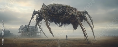 Giant spider looms over desolate landscape, person observes, misty background. Fantasy art