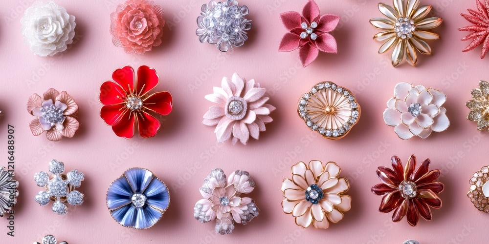A beautiful collection of decorative flower pins displayed on a soft pink background. Perfect for fashion enthusiasts and crafters. These floral accessories add charm and elegance to any outfit. AI A beautiful collection of decorative flower pins displayed on a soft pink background. Perfect for fashion enthusiasts and crafters. These floral accessories add charm and elegance to any outfit. AI
