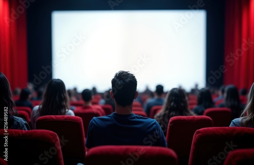 Audience sits in red chairs in dark cinema hall. Blank screen is in front of them. People watch movie performance. Interior view of cinema auditorium. Entertainment concept.