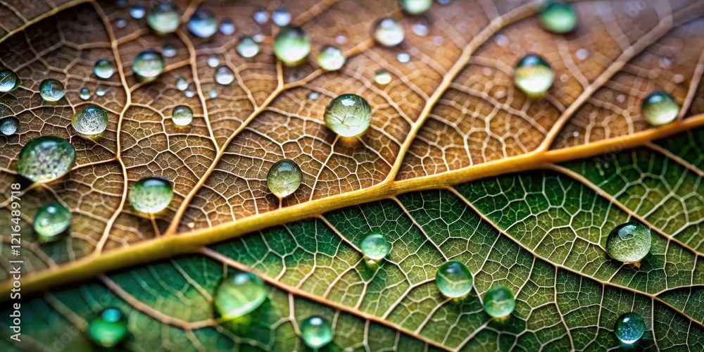 Fototapeta premium A close-up of a single leaf, its veins visible, with dew drops glistening on the surface, leaf, nature, outdoors