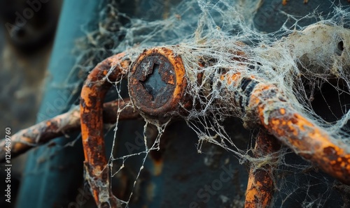 Decaying internet cables covered in rust and frayed edges, entangled in cobwebs, evoke sense of neglect and passage of time