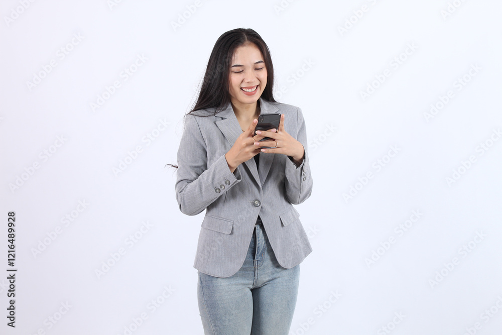 Woman Uses Smartphone, Browses Internet Happily and Efficiently on White Background Woman Uses Smartphone, Browses Internet Happily and Efficiently on White Background