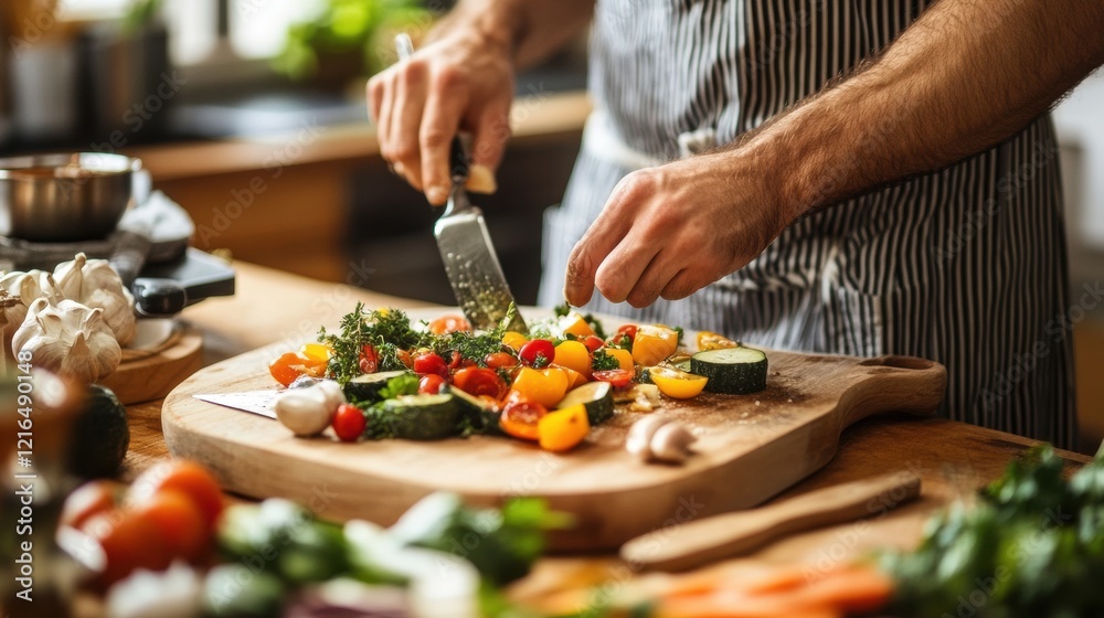 A man in a striped apron grates cheese on a cutting board with fresh vegetables. A man in a striped apron grates cheese on a cutting board with fresh vegetables.