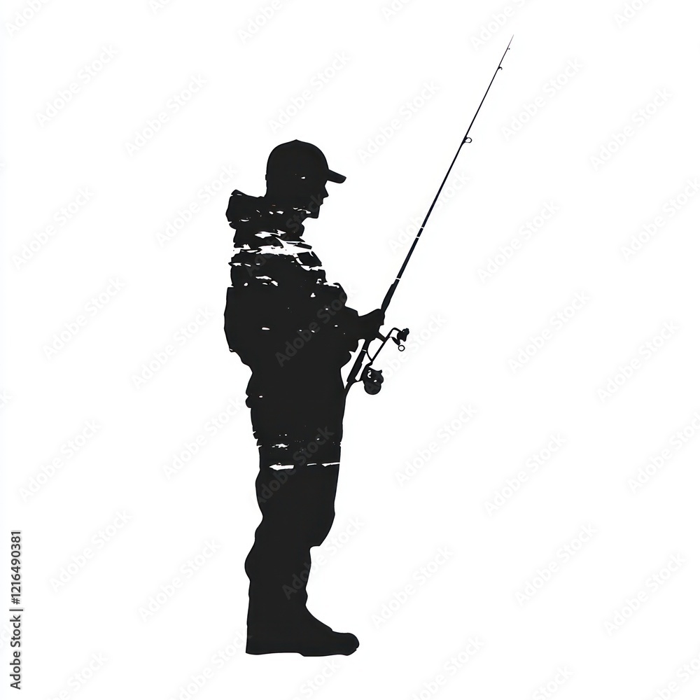 Fisherman casting rod, lake background, outdoors, silhouette, leisure activity.