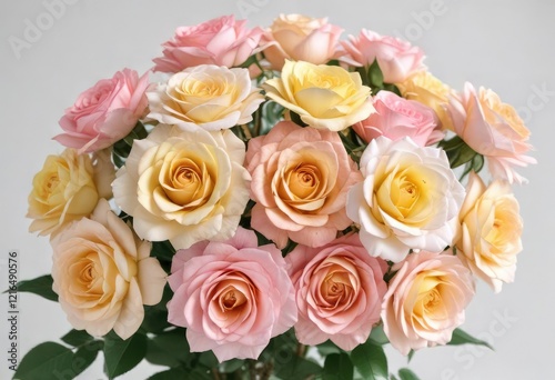 A cluster of pastel pink and yellow paper roses in a loose arrangement against a white backdrop, bouquet., decorative roses