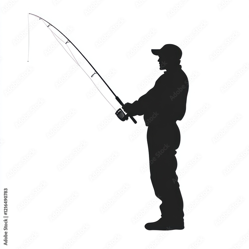 Fisherman casting rod, lake background, silhouette, leisure activity. Fisherman casting rod, lake background, silhouette, leisure activity.