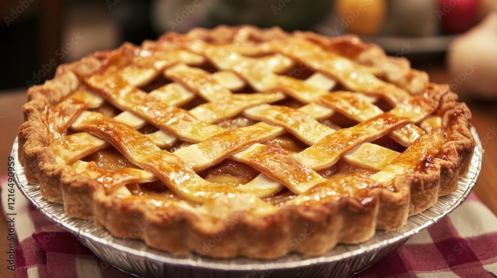 A delicious apple pie with a lattice crust sits on a silver plate, placed on a red and white checkered tablecloth. A delicious apple pie with a lattice crust sits on a silver plate, placed on a red and white checkered tablecloth.