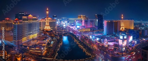 Night view of Las Vegas Strip, city lights, hotels. Travel poster