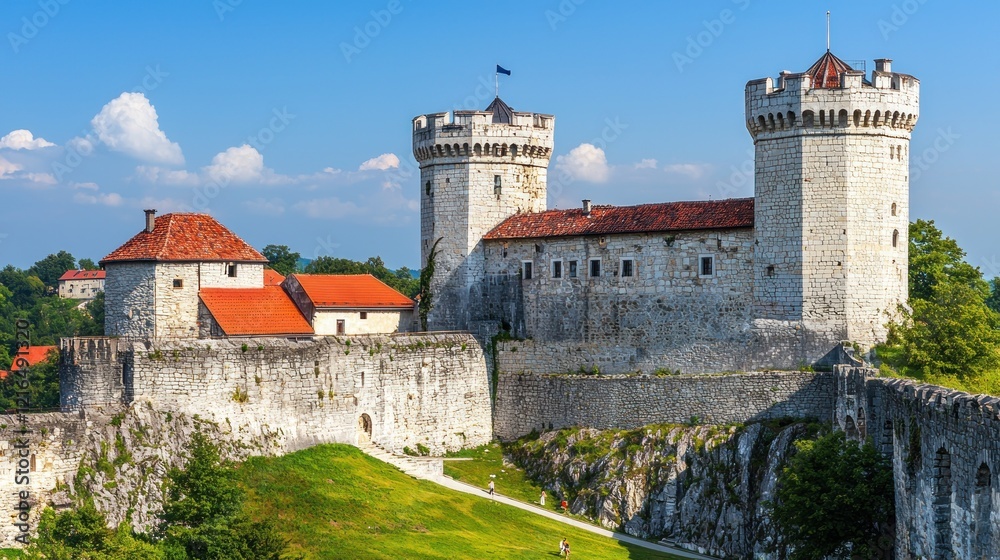 Medieval castle panoramic view, sunny day, hilltop, tourists Medieval castle panoramic view, sunny day, hilltop, tourists