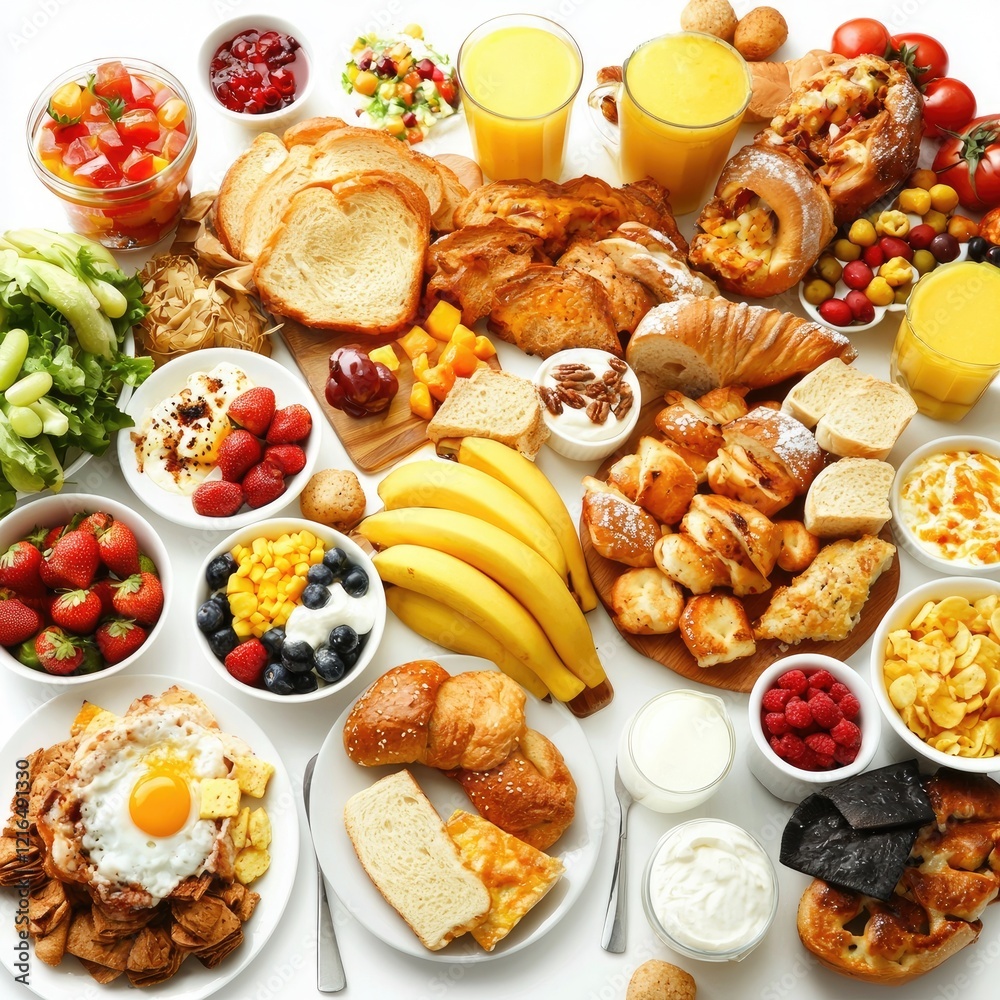 Abundant breakfast buffet spread with pastries, fruit, and juice Abundant breakfast buffet spread with pastries, fruit, and juice