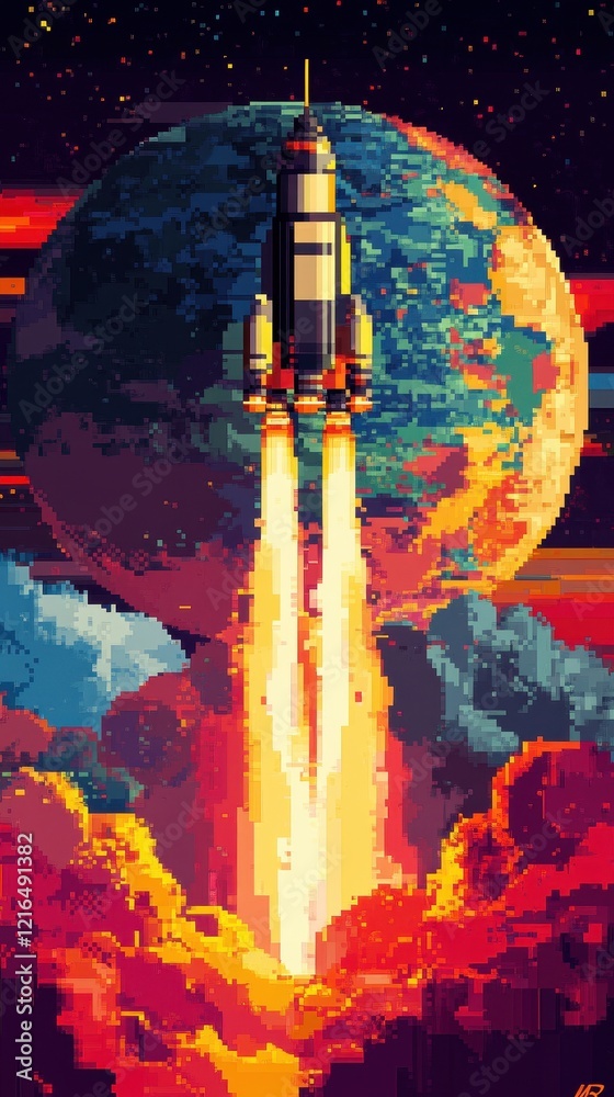 Fototapeta premium Pixelated Rocket Launching Towards a Planet