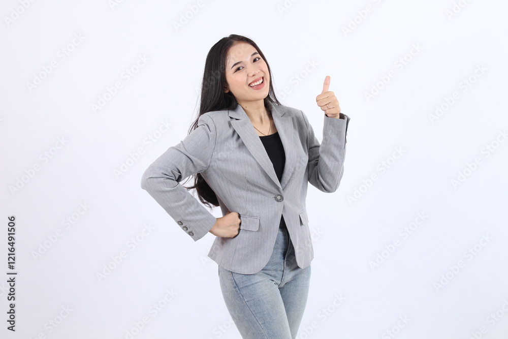 Confident Businesswoman Gives Thumbs Up: Success, Career, and Positive Attitude in Business Confident Businesswoman Gives Thumbs Up: Success, Career, and Positive Attitude in Business