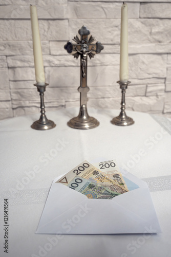 Money and religion. pastoral visit after christmas. polish tradition in catholic church, donation for church in envelope. Kolęda, ofiara na kościół, wizyta duszpasterska, krzyżyk koperta z pieniędzmi photo