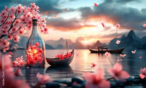 Magical Sunset Scene with Cherry Blossoms and Boat in Bottle
