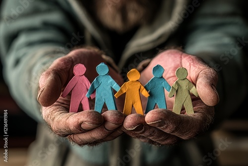 Community, paper people with joined hands. Symbolizing diversity and inclusion. A cohesive business team. A gathering circle of diverse humans
