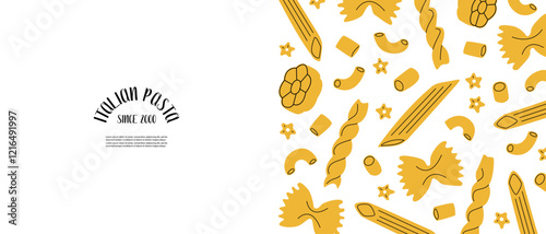 Banner of different sorts of pasta. Macaroni, farfalle, penne, fusilli, stelline, ruote, ditalini. Traditional Italian food. Various noodles types. Vector flat cartoon illustration