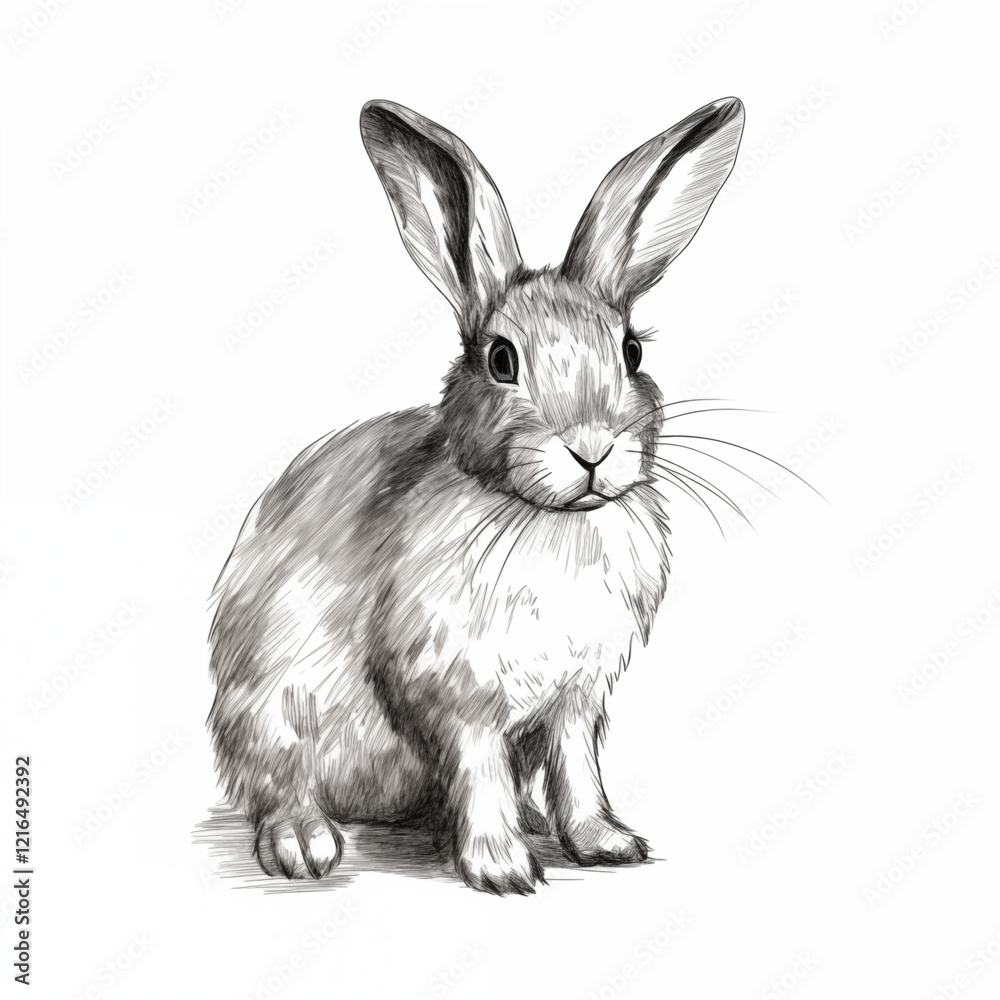 Fototapeta premium Rabbit, angle view, icon, black and white sketch highlighted on a white background, picture, image for printing on a T-shirt, background, without people