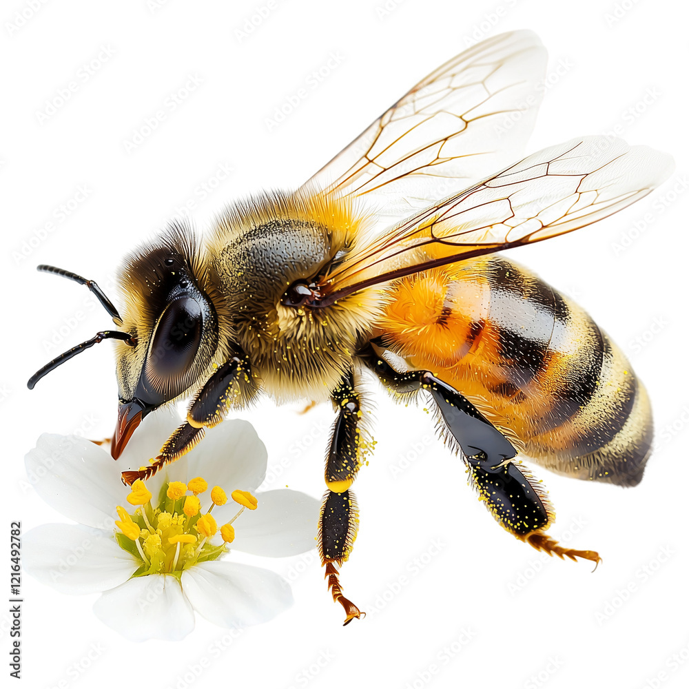 Springtime Honey Bee Hovering Over a Flower with Pollen on Wings Isolated on White Background Springtime Honey Bee Hovering Over a Flower with Pollen on Wings Isolated on White Background