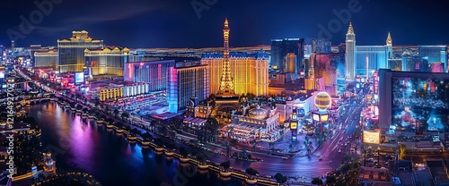 Night view of Las Vegas Strip, dazzling lights, city panorama, travel tourism